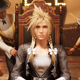 A screenshot from Final Fantasy VII Remake depicting Cloud Strife in a dress during the Honeybee Inn sequence, in which he dances with Andrea Rhodea.